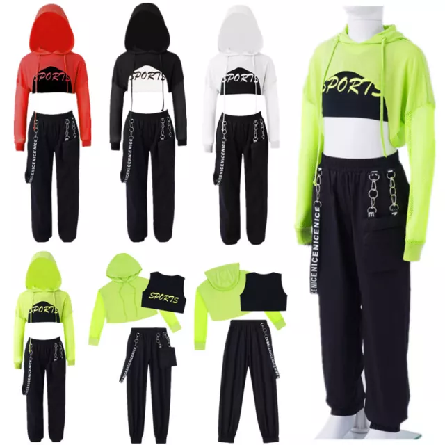 DE Kinder Mädchen Sports Kapuzen Crop Top+Hose+Weste Jogging Hip Hop Tanzkostüm