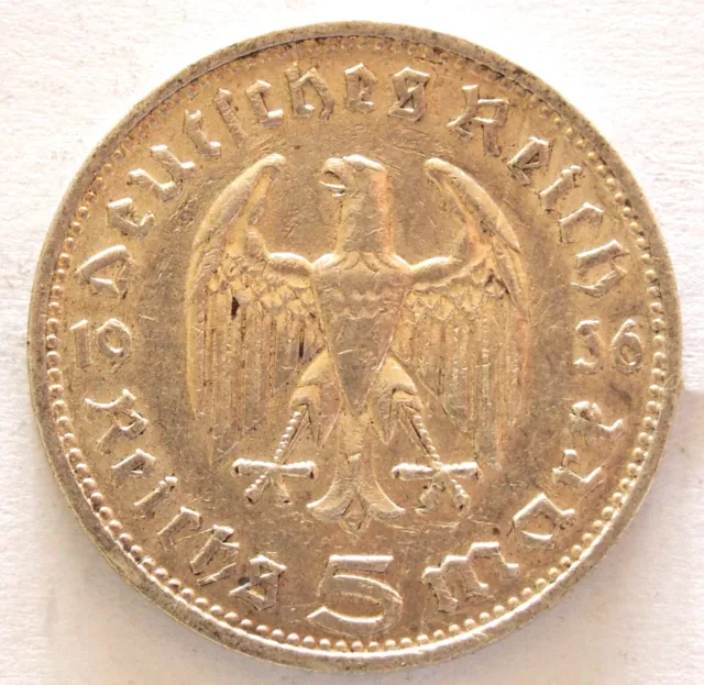 Germany - WWII Era 1936 'D' Silver 5 Mark coin - Circulated condition