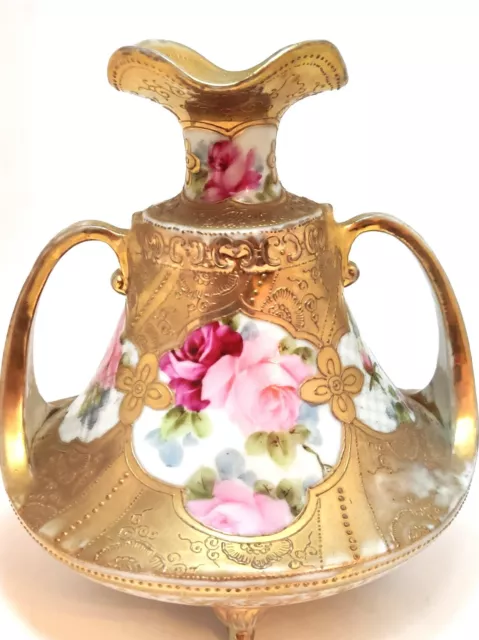 Antique Nippon Gold Rose Vase 8" Tall Tripod Antique Unsigned Beauty