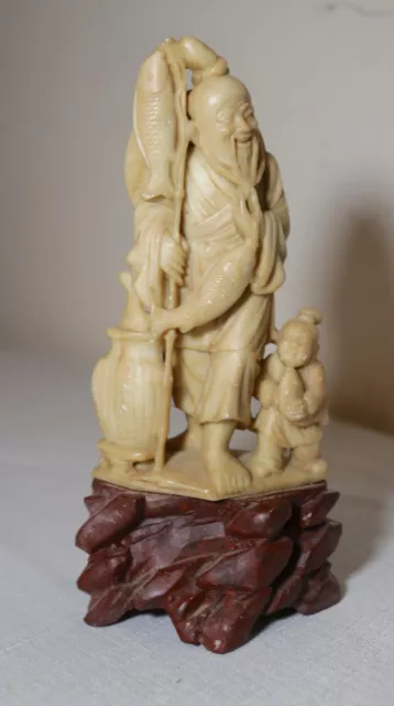 antique hand carved Chinese Shoushan stone fisherman w/ boy sculpture statue