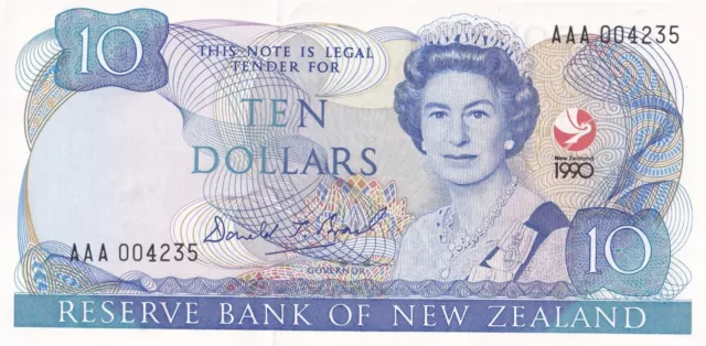 NEW ZEALAND First Prefix AAA 10 DOLLARS 1990 COMMEMORATIVE Banknote Gem UNC