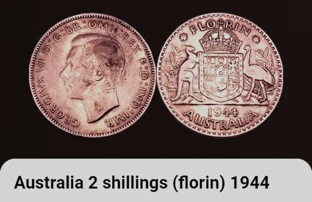 1944 Australia (One) 1 Florin Coin, King George VI, BONUS OFFERS. 0.925 Silver