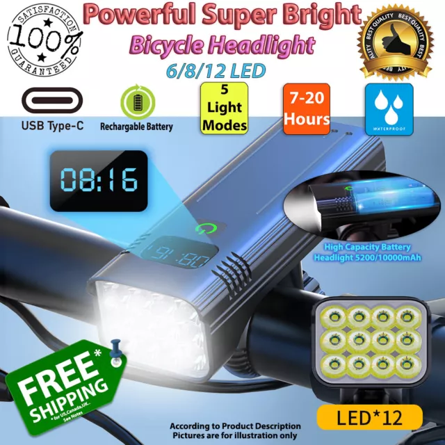 NEW Powerful Bicycle 6-12LED Headlight Rechargeable Battery with indicator Set