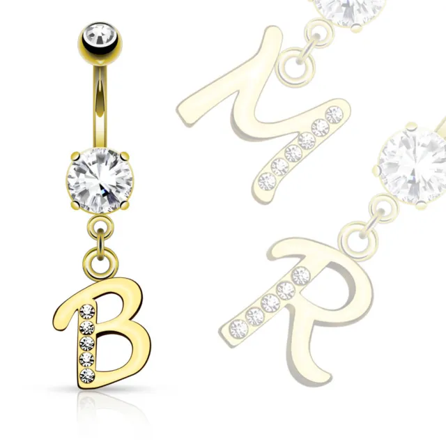 14k Gold Initial Dangle Navel Belly Ring over Surgical Steel 14g (1pc) (B/1/4)