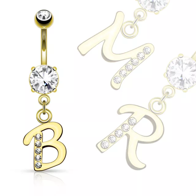 14k Gold Initial Dangle Navel Belly Ring over Surgical Steel 14g (1pc) (B/1/4)