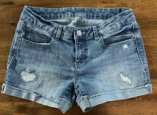 Women's Size 11 SO Shorts MIDI Denim Distressed Patched Cuffed Stretch Inseam 3"