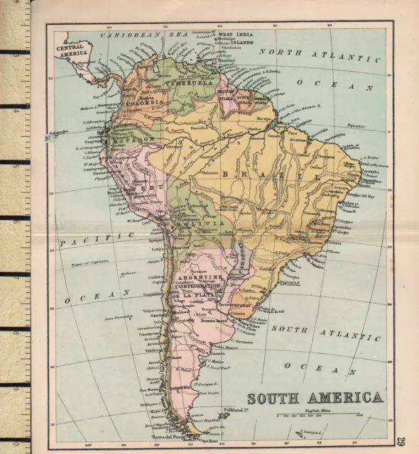 c1880 VICTORIAN MAP ~ SOUTH AMERICA ~ ARGENTINE CONFEDERATION BRAZIL PERU etc
