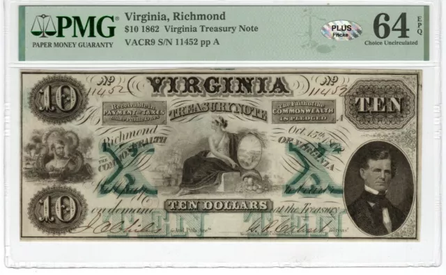 VA CR-9 1862 $10 Virginia Paper Money - PMG Choice Unc 64 EPQ PLUS - Civil War!