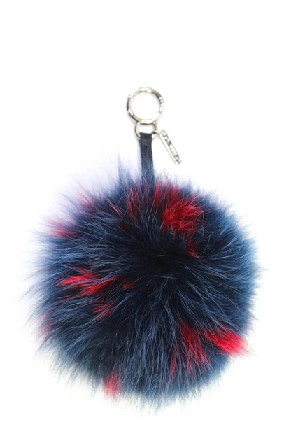 Fendi Womens Fur Blue Red Pom-Pom Charm Key Chain