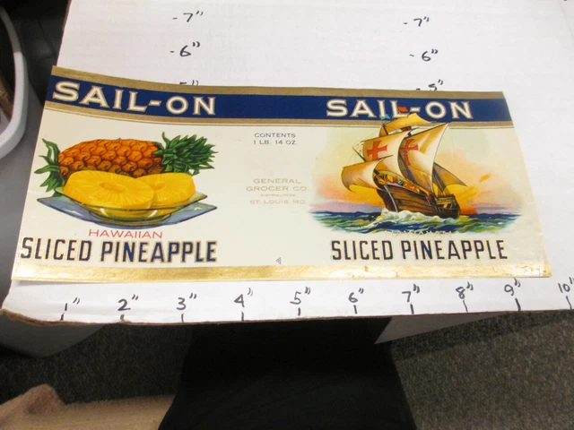 SAIL-ON pineapple 1930s sailing ship tin can food paper label General Grocer