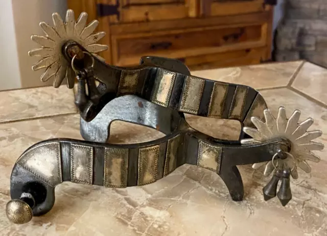 Vintage 90s German Silver  Engraved Inlay Spurs w Jingle Bobs, Large Rowels
