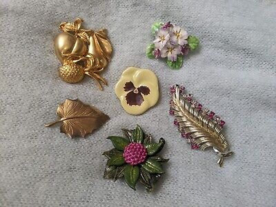 Vintage mixed lot flower floral fruit  leaf theme brooch pins figural porcelain