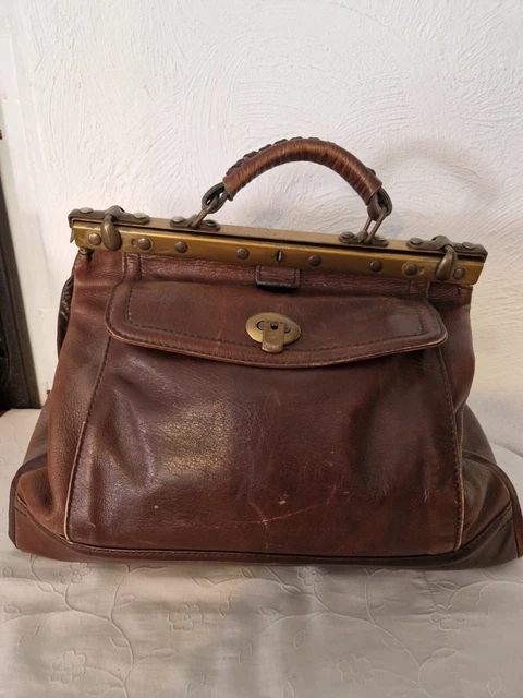 Alte große Arzt- Tasche Leder Braun Samt Messingbeschläge 45/21/35 cm B/T/H
