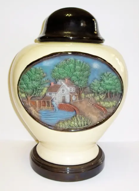 Vintage 1975 Hershey Molds Ceramic Water Mill Lidded Urn Jar Vase Hand Painted
