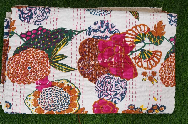 Indian Handmade Cotton Kantha Floral Quilt Throw Blanket Bedspread Bohemian