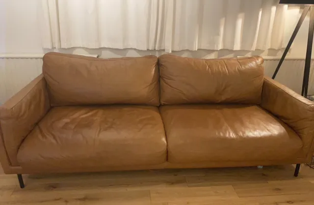 Mid Century Tan Leather 3 Seater Sofa