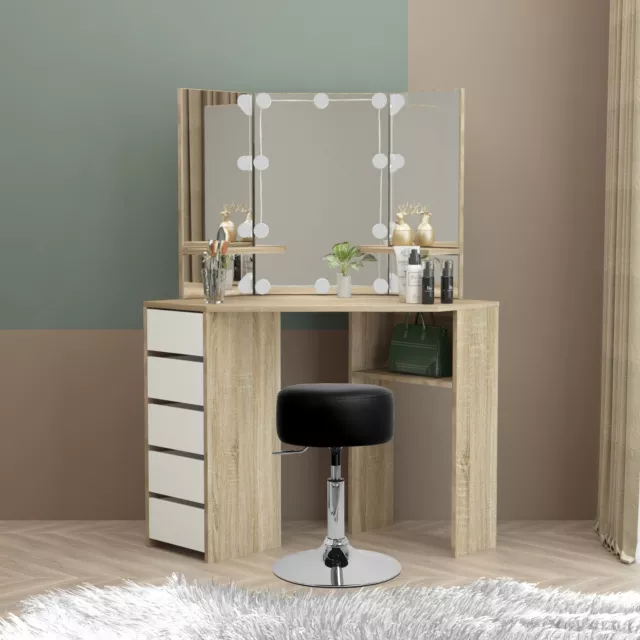 Table de maquillage sonoma coiffeuse moderne avec miroir et LEDs + tabouret noir