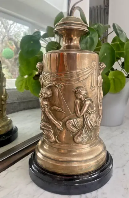 victorian large brass oil lamp with raised embossed grecian figures