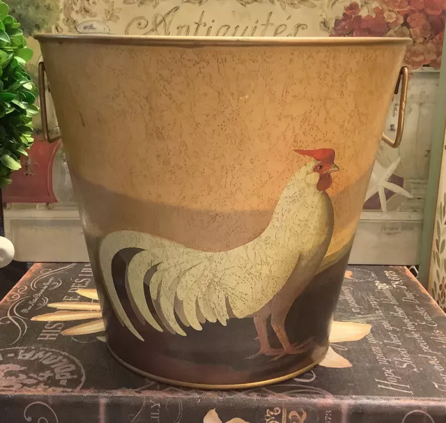 Beautiful Bucket~w/Hand Painted Primitive Roosters~Handles~9”W X 8”H~FREE SHIP~