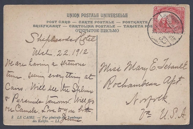Egypt 1912 Shepards Hotel Cancel To Norfolk Va Us