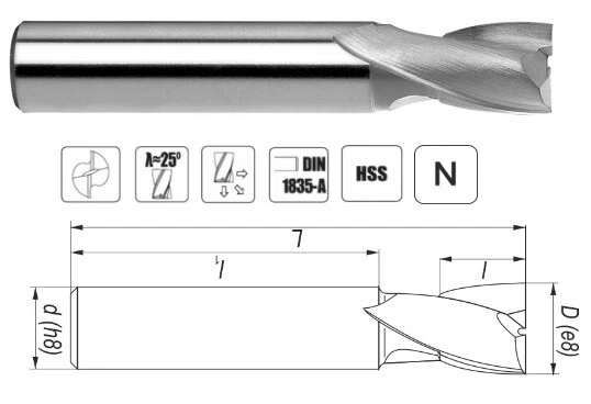 Fraise 2 dents queue cylindrique à rainurer DIN 327 E66217 HSS-M2 Ø 3X4X5X37 Z=2