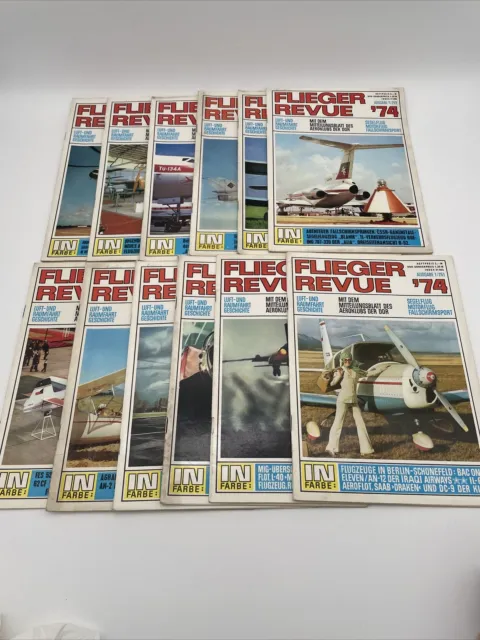 12x Flieger Revue Heft 1 bis 12 aus 1974 mit Flugzeug Abbildung in der Mitte