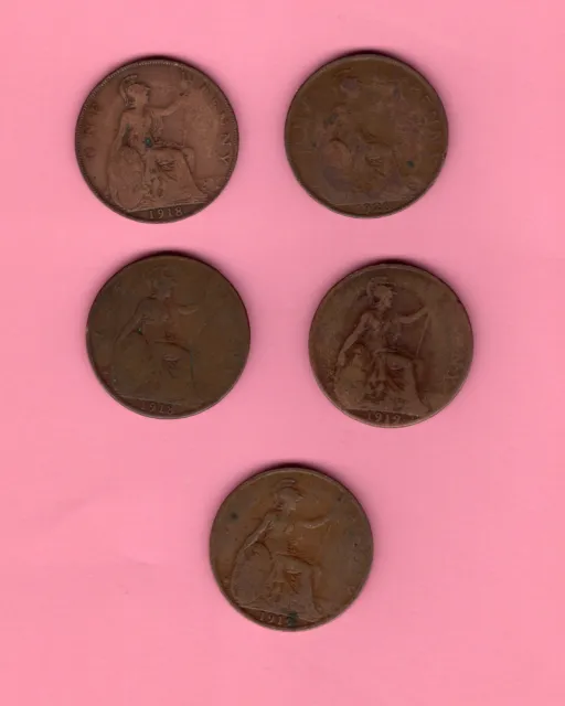 British Large Penny Lot of 5 coins 1918-1920 George V Bronze Grp. 5