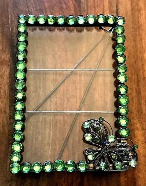 Ornate Metal Picture Frame Green Butterfly Rhinestones 5" X 3 1/2”