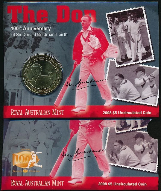 Australia: 2008 $5 Don Bradman's 100th Birthday folder Cat $25