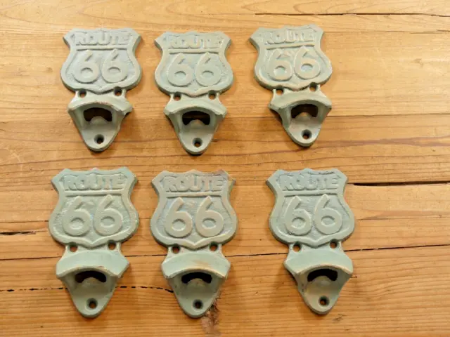 6 Route 66 Bottle Opener Cast Iron Antique Wall Mounted Bar Slight Rust