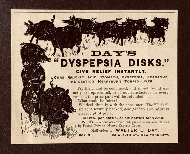 1890 Dyspepsia Disks Advertisement Quack Medicine Quick Cure Antique Print AD