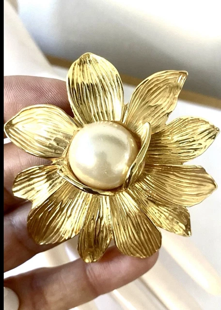 Grande Broche Fleur Vintage Or Et Cuivre Avec Cabochon - Rare - Occasion Très Bon état