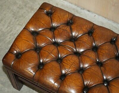 Vintage Fully Restored Chesterfield Hand Dyed Brown Leather Tufted Footstool 4