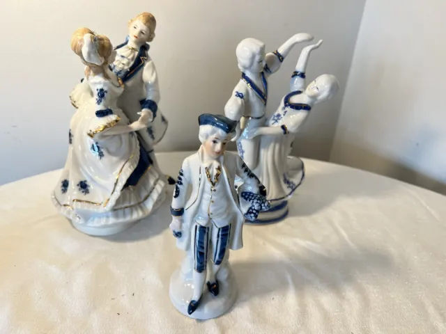 Vintage Blue White Gold Victorian Ceramic Porcelain Figurine Lot Of  3