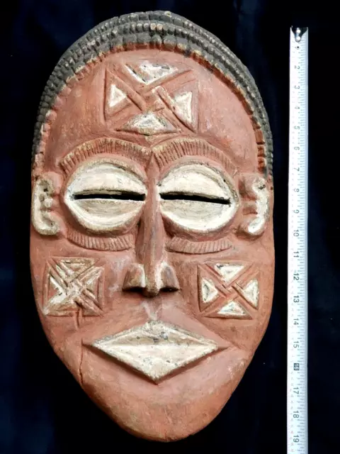 19" Tribal Chokwe Hand Carved Mask African Wood Clay Mwana Pwo Congo Angola