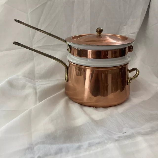 Vintage Copper Double Boiler 3 Pc Ceramic Inserts fast Shipping