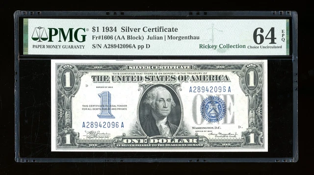 DBR 1934 $1 Silver Funnyback Fr. 1606 AA Block PMG 64 EPQ Serial A28942096A