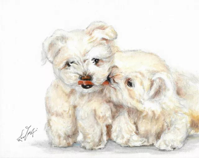 ❈ ORIGINAL Oil Dog Portrait Painting MALTESE PUPPIES Artist Signed Artwork Art