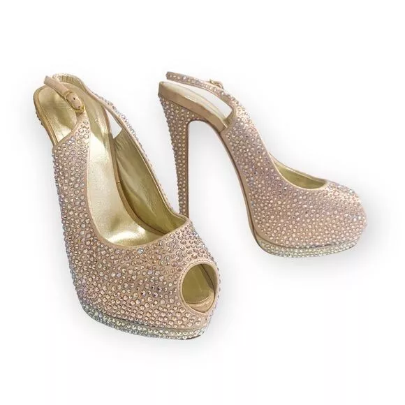 Giuseppe Zanotti Crystallized Platform Slingback Peep Toe Pumps, Size 39.5EU