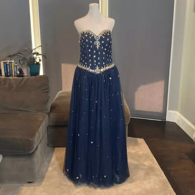 Women’s Blue & Silver Beading Full Length Prom Quinceanera Dress Size 12 NWOT