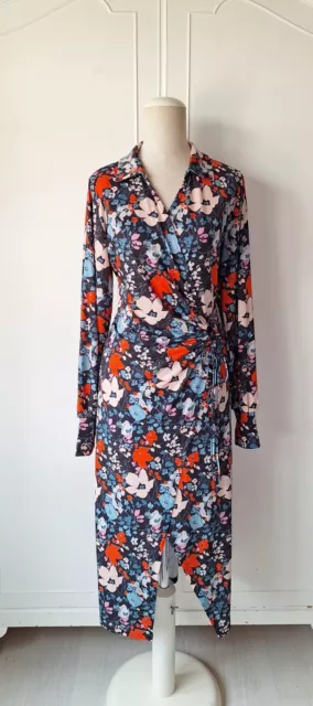 V By VERY Pretty Floral Navy Blue Maxi Wrap Dress Collar Detail Size 12