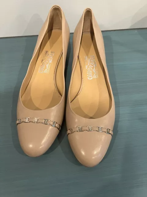 SALVATORE FERRAGAMO “Pim” Nude Patent Leather Silver Chain Pump Heel  10 B