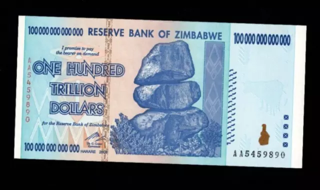 Zimbabwe 100 Trillion Dollar banknote. Genuine, UNC AA Serial Number UV checked