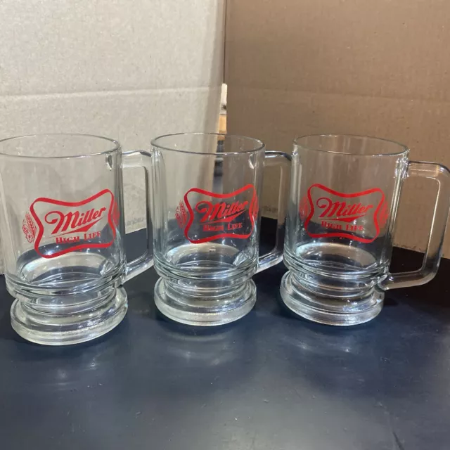 Miller High Life Beer Glass Mug Set (3)  5” Tall Vintage