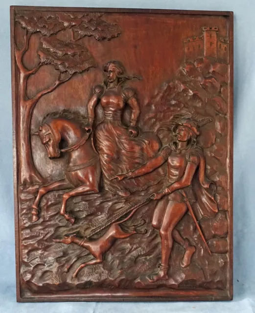 Panneau en Bois Sculpté Amazone en Chasse à Courre XIXème