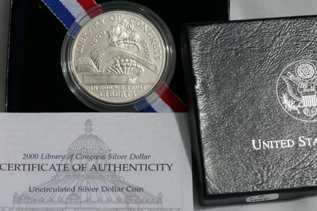 2000 Library of Congress Commemorative US Mint UNC Silver Dollar Coin Box COA