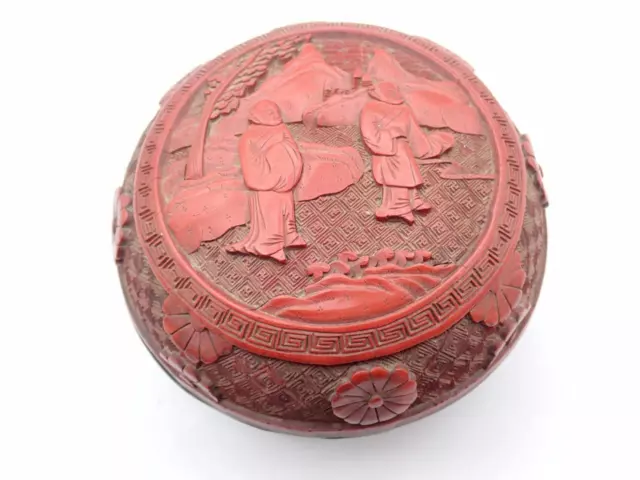 Antique Chinese 19th Century Red Cinnabar Scholar Landscape Lacquer Bronze Box