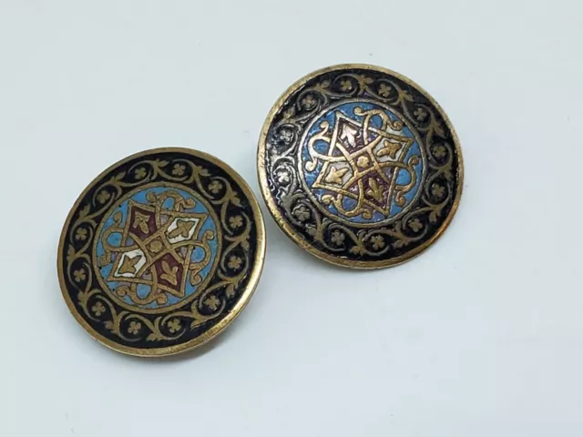 2 Anciens boutons de Col ou boutonnières émaillées émail cloisonnés émaux D 21mm