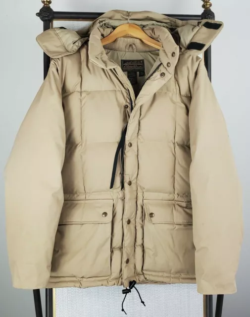 VTG EDDIE BAUER Size Medium Made in USA Mens Goose Down Hooded Jacket Coat Khaki
