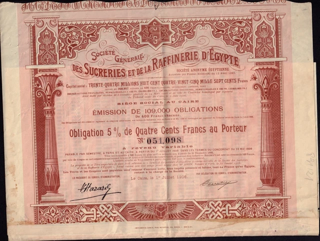 EGYPT SUGAR  Sucreries et de la Raffinerie d'Egypte Cairo dd 1906